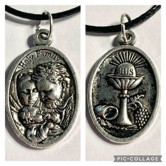 Vintage Holy Family Catholic Necklace Pendant Silver tone 18" Medal Jesus - Picture 8 of 8